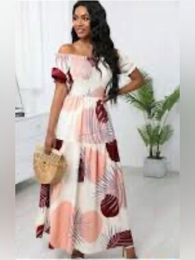 Off-Shoulder Pink & Red Printed Maxi Dress